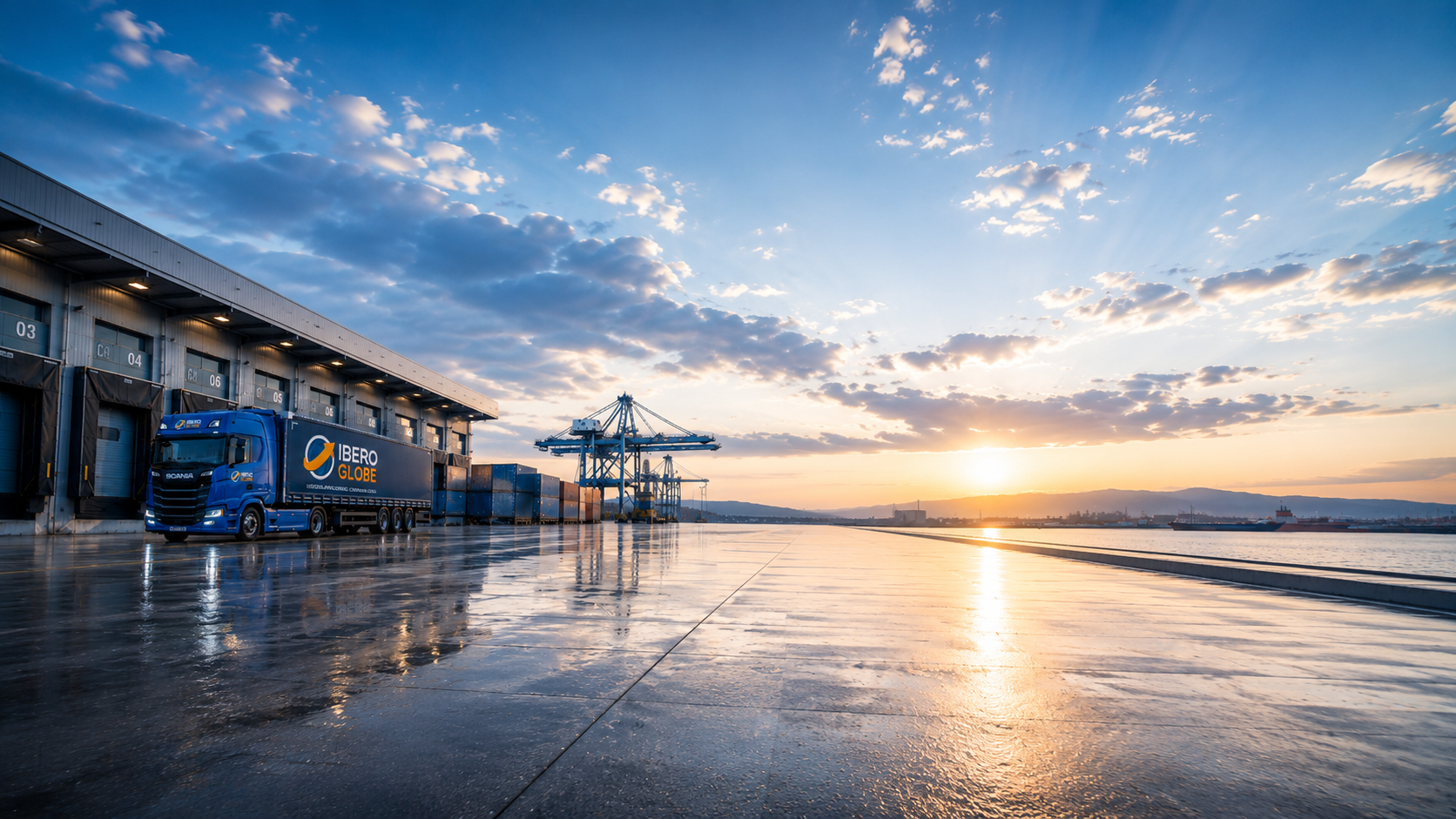 Imagen de IberoGlobe con un camión junto a un almacén y una terminal portuaria al atardecer